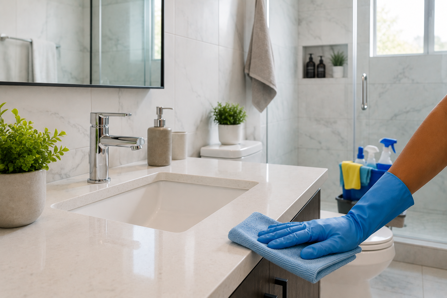 Bathroom tiles and grout being cleaned safely with gloves